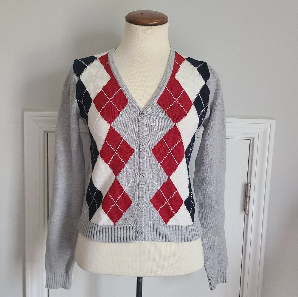 Brandy Melville John Galt Argyle Cardigan Sweater One Size Preppy Cropped Fitted